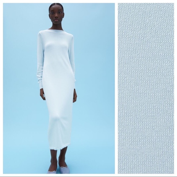 NWT. Zara Light Blue Knit Midi Dress with Back Opening. Size M. - Picture 1 of 10